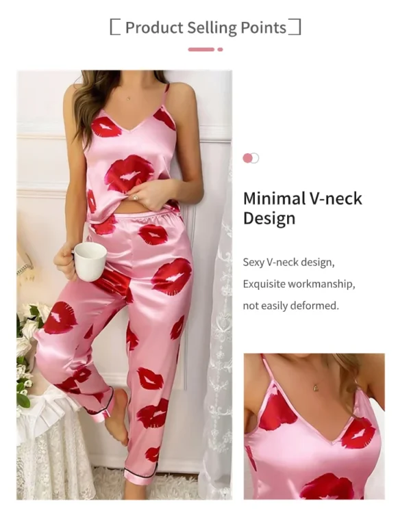 Women's Satin Pajama Set with Lip Print V-Neck Cami Top and Elastic Pants For Women Pijama Comfortable Sleep and Loungwear - Image 15