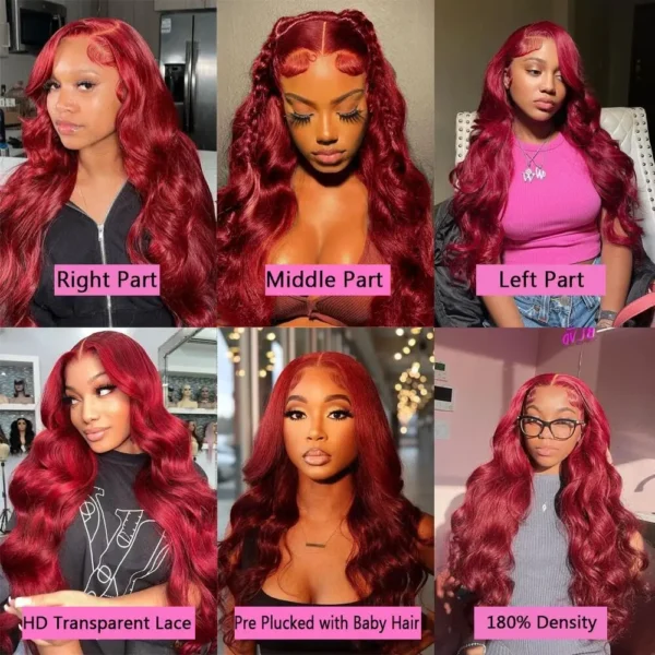 99J Burgundy Lace Frontal Wig 13x6 Body Wave Lace Front Wig HD Transparent Lace Frontal Wig Human Hair Pre Plucked 99j Red Color - Image 12