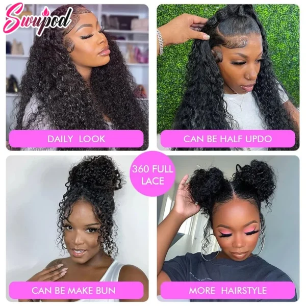 250 Density HD Invisi Strap 360 Full Lace Frontal Kinky Curly Wig 30 inch Black Human Hair Drawstring Snug Water Wig Glueless - Image 6