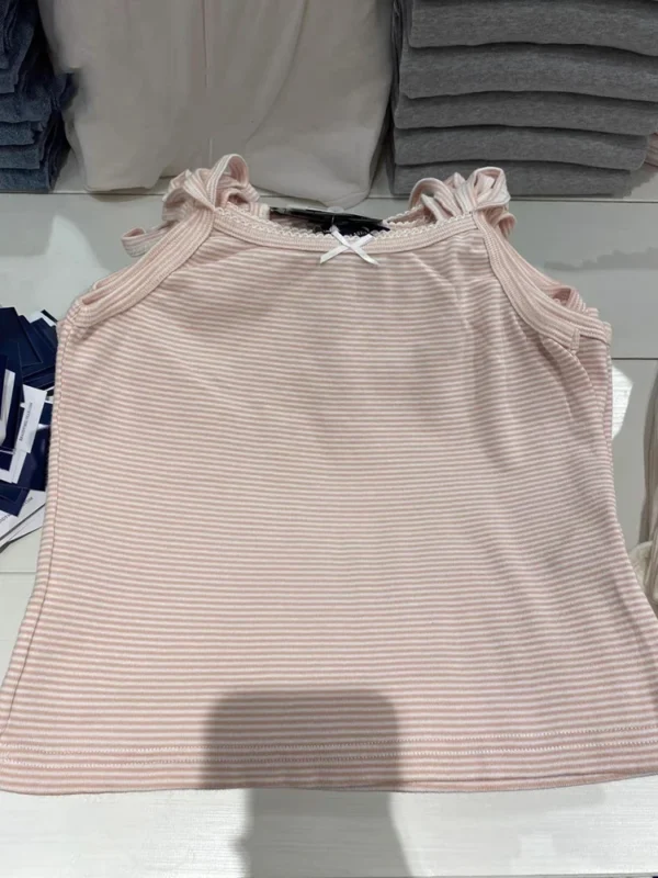 Sweet Pink Striped Lace Crop Top Cute Bow Soft Cotton Sleeveless Summer Camis Vests Women Vintage Harajuku Slim Tank Tops Y2k - Image 4