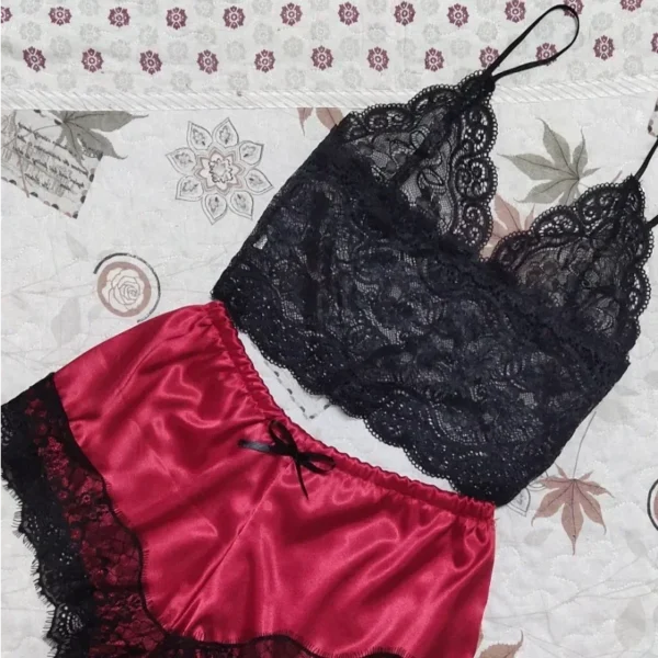 2 Pieces Pajamas Set for Women Sleepwear Sexy Lingerie Lace Silk Crop Tops and Shorts Sets Casual Nightwear Pijamas - Image 3