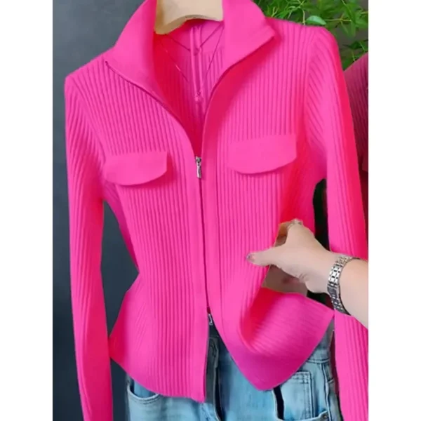Fashion Zipper Short Knitted Cardigan Sweater 2025 Spring Autumn New Korean Versatile Coat Top Turn-Down Col Sweater Solid Color - Image 12