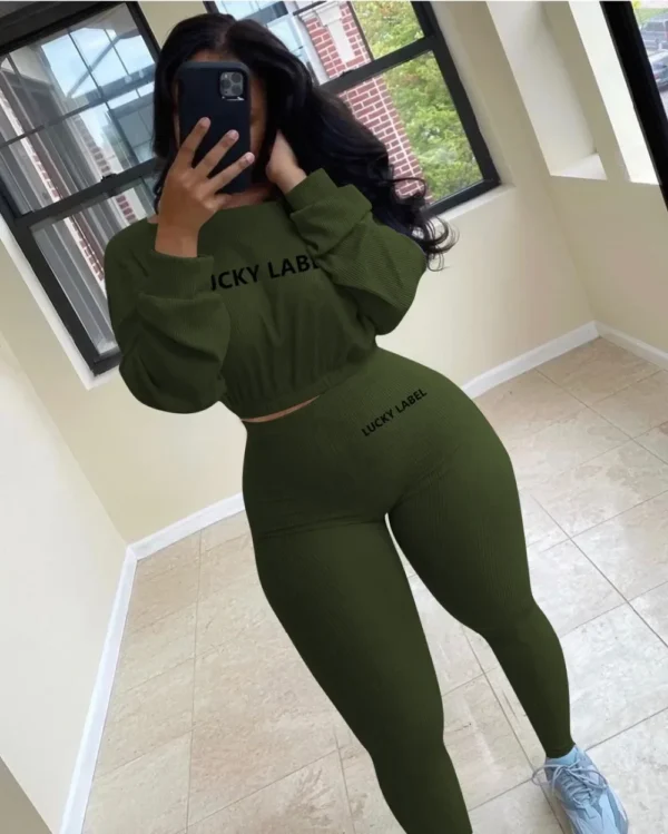Fashion Summer Solid Lucky Label Letter Embroidery Two Piece Sets Women Sweatshirt+Leggings Casual Sporty Tracksuits Female - Image 33