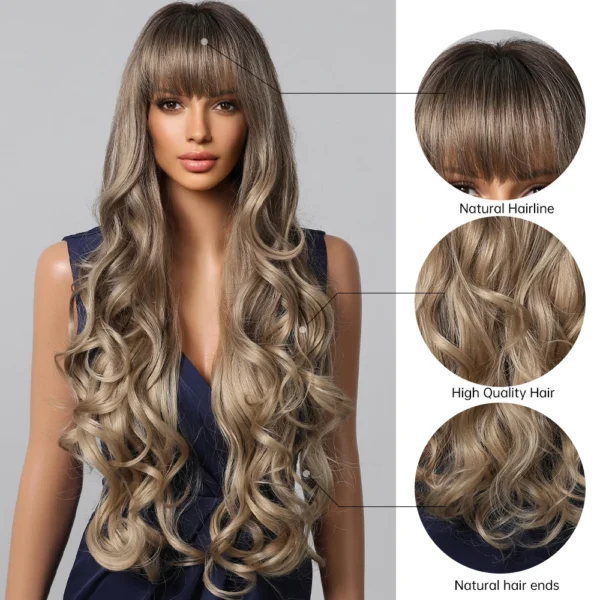 Loose Body Wave Synthetic Wigs Long Brown Blonde Ombre Wig with Bangs Wave Curl Wigs for Black Women Heat Resistant Daily Party - Image 2