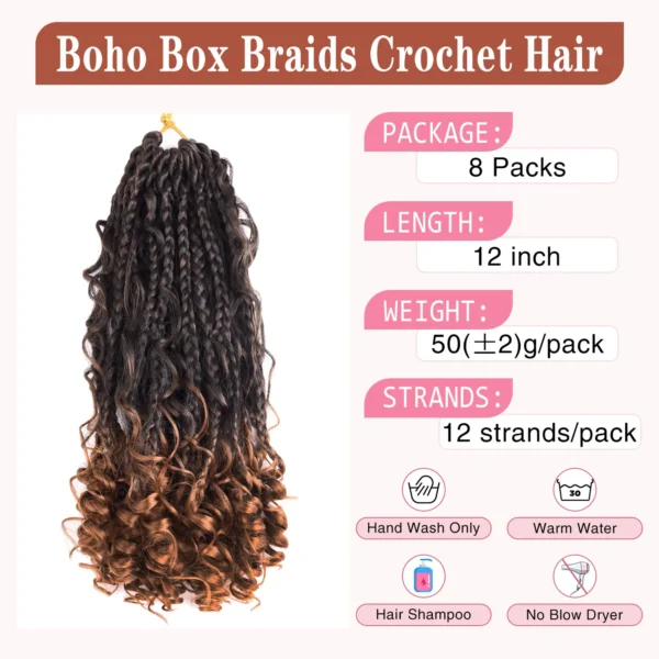 8 Packs Synthetic 12 Inch Goddess Box Braids Crochet Hair Boho Box Braids With Curl Ends Hair Extensions for Women Black - Image 14