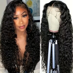 Everyday Elegance| Elegant 26" Black Water Wave Lace Front Wig for Women - Pre-Plucked Hairline, Glueless, Heat Resistant Synthetic Hair, 180% Density, Versatile Free Part Design