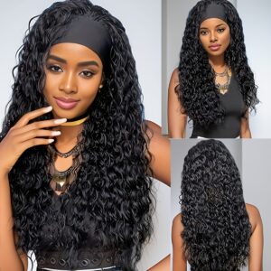 Headband Wigs Deep Wave Hair Wigs With Headband 24 Inch Long Wavy Synthetic Fiber Wigs With Headband Attached For Women