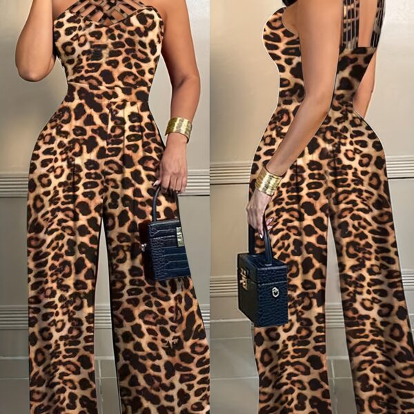 Women's Leopard Print Sleeveless Jumpsuit - Casual Knit Polyester, Wide-Leg Design, Machine Washable, All-Season Fashion for Adults, Allseason Outfit | Leopard Print Attire | Polyester Knit - Image 5