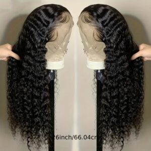 Brazilian Deep Wave Human Hair Lace Front Wig - HD Transparent 13x4 Lace Frontal, Pre-Plucked 200% Density Natural Black Curly Wigs for Women, Elegant Style for All Ethnicities