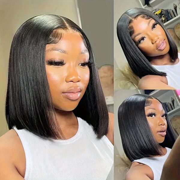 4x4 Glueless Wigs Put On And Go Straight Human Hair Wig Short Bob Wig Pre Plucked Pre Cut Lace Air Wig For Women Natural Black 180% Density - Image 7