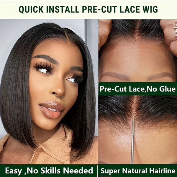 4x4 Glueless Wigs Put On And Go Straight Human Hair Wig Short Bob Wig Pre Plucked Pre Cut Lace Air Wig For Women Natural Black 180% Density - Image 5