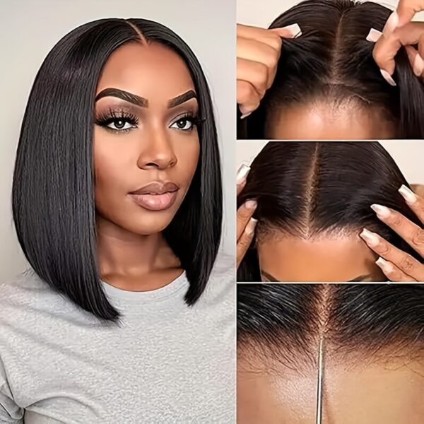 4x4 Glueless Wigs Put On And Go Straight Human Hair Wig Short Bob Wig Pre Plucked Pre Cut Lace Air Wig For Women Natural Black 180% Density - Image 8