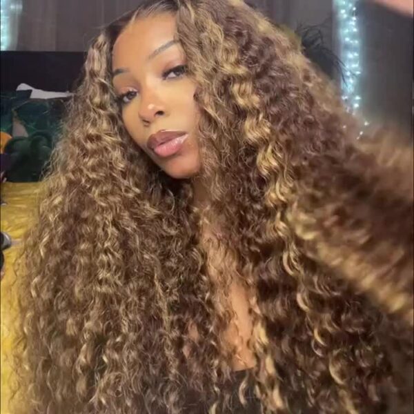 13x4 Highlight Ombre Water Wave Lace Front Wigs Human Hair Pre Plucked 4/27 Colored Glueless Wigs Water Wave Honey Blonde Curly Lace Frontal Wigs 180% Density Human Hair for Women with Baby Hair - Image 11