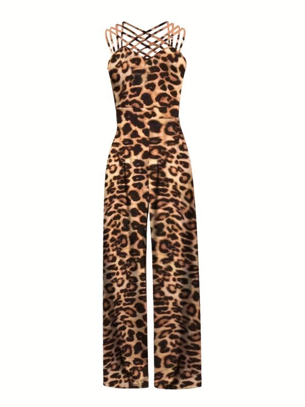 Women's Leopard Print Sleeveless Jumpsuit - Casual Knit Polyester, Wide-Leg Design, Machine Washable, All-Season Fashion for Adults, Allseason Outfit | Leopard Print Attire | Polyester Knit - Image 3