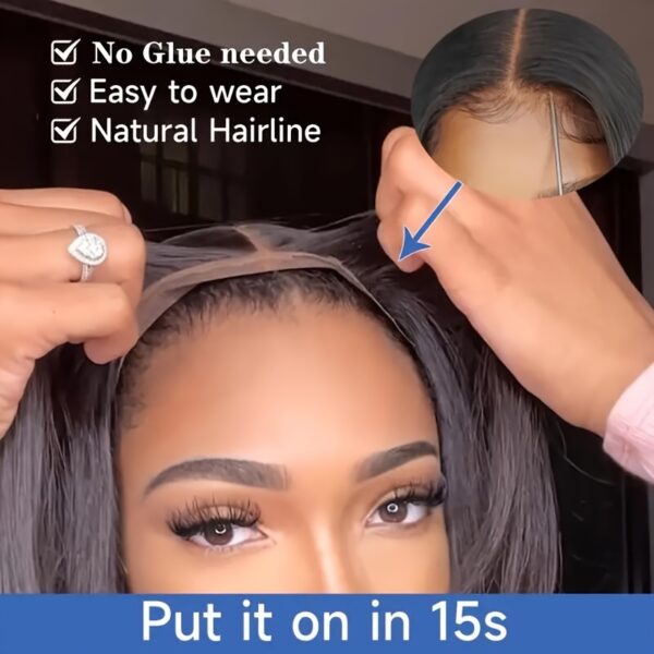 4x4 Glueless Wigs Put On And Go Straight Human Hair Wig Short Bob Wig Pre Plucked Pre Cut Lace Air Wig For Women Natural Black 180% Density - Image 2