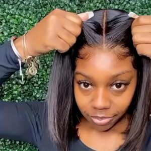 4x4 Glueless Wigs Put On And Go Straight Human Hair Wig Short Bob Wig Pre Plucked Pre Cut Lace Air Wig For Women Natural Black 180% Density
