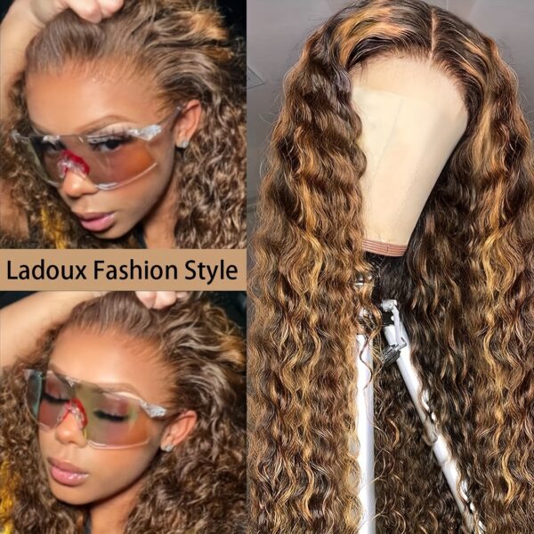 13x4 Highlight Ombre Water Wave Lace Front Wigs Human Hair Pre Plucked 4/27 Colored Glueless Wigs Water Wave Honey Blonde Curly Lace Frontal Wigs 180% Density Human Hair for Women with Baby Hair - Image 4