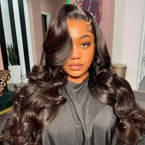 Funky Girl 13x6 Lace Front Body Wave Wig - Brazilian Remy Human Hair, Pre-Plucked with Baby Hair, 180% Density, Natural Black for Women, Elegant Style for All Ethnicities, Natural Hair Styling | Natural Hairline Wig | Soft Texture Wig - Image 3