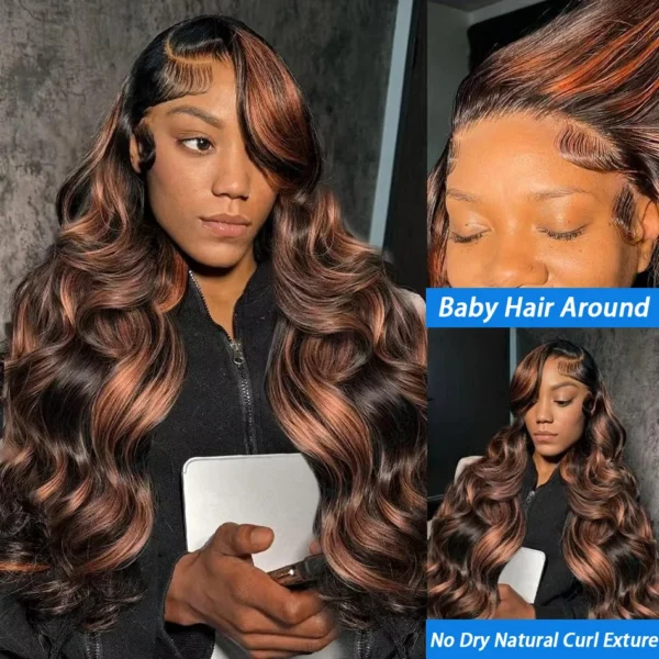 300% High Density Ombre Highlight Body Wave 13x4 HD Lace Front Human Hair Wig 1B/30 Black Brown Colored 13x6 Lace Frontal Wigs - Image 2