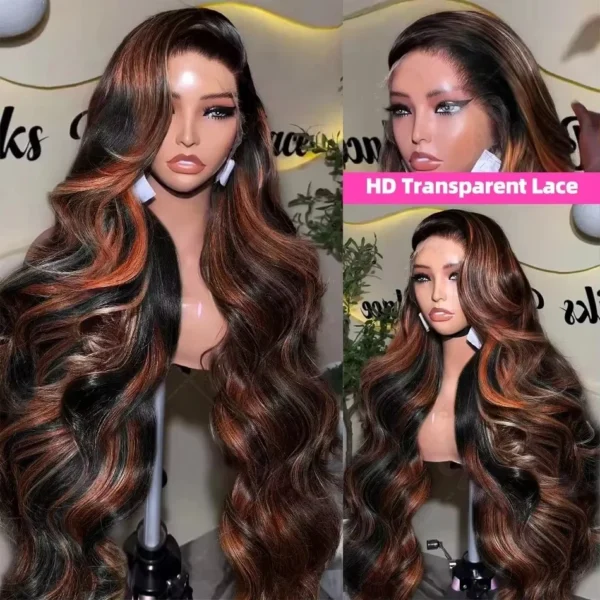 300% High Density Ombre Highlight Body Wave 13x4 HD Lace Front Human Hair Wig 1B/30 Black Brown Colored 13x6 Lace Frontal Wigs - Image 9