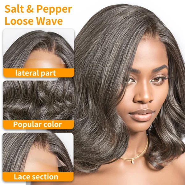 Salt and Pepper Loose Wave Lace Front Bob Wig Human Hair Side Part 5x5 HD Closure Lace Wig Ready To for Black Women - Image 5