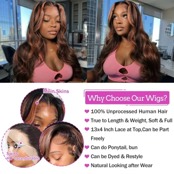 300% High Density Ombre Highlight Body Wave 13x4 HD Lace Front Human Hair Wig 1B/30 Black Brown Colored 13x6 Lace Frontal Wigs - Image 8