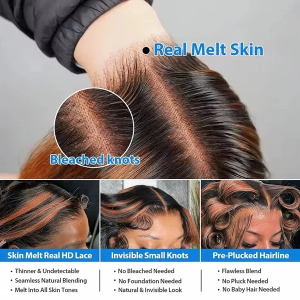 300% High Density Ombre Highlight Body Wave 13x4 HD Lace Front Human Hair Wig 1B/30 Black Brown Colored 13x6 Lace Frontal Wigs - Image 4
