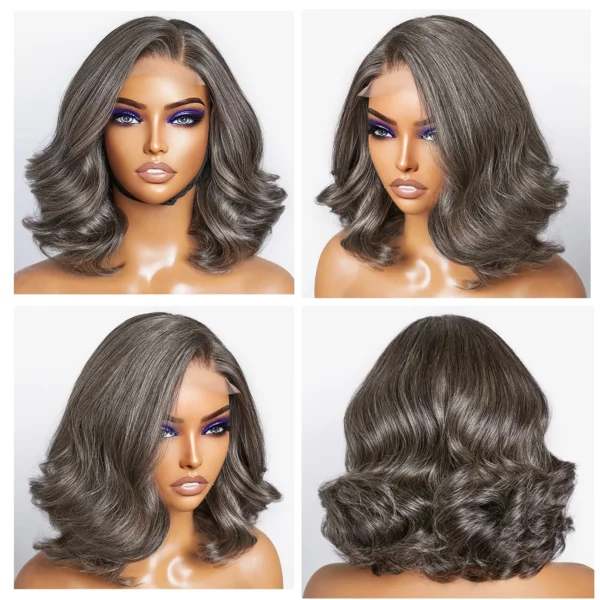 Salt and Pepper Loose Wave Lace Front Bob Wig Human Hair Side Part 5x5 HD Closure Lace Wig Ready To for Black Women - Image 2
