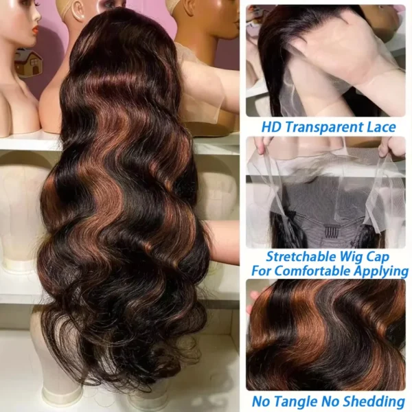 300% High Density Ombre Highlight Body Wave 13x4 HD Lace Front Human Hair Wig 1B/30 Black Brown Colored 13x6 Lace Frontal Wigs - Image 5
