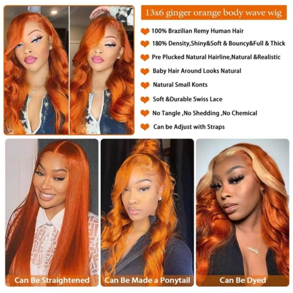 Ginger Orange Body Wave 13x6 Transparent Lace Front Wig Human Hair for Women #350 Colored Pre Plucked Natural Hairline 200% - Image 3