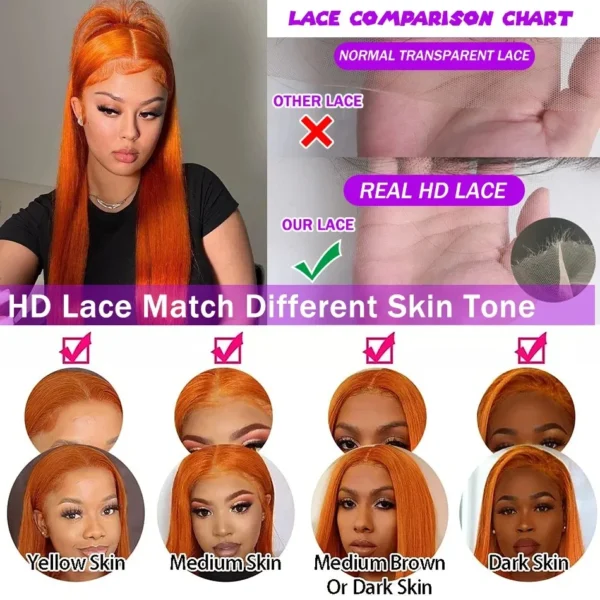 Ginger Orange 30 40 Inch Straight Brazilian 250 Density 13x5 Lace Front Human Hair Wigs 13x6 HD Lace Frontal Wig For Black Women - Image 9
