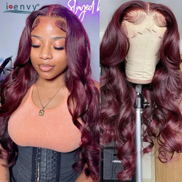 Hot Red 13X6 Lace Front Human Hair Body Wave 30 Inch 99J Burgundy Colored Lace Frontal Wigs Brazilian Curly Wigs For Black Women - Image 7