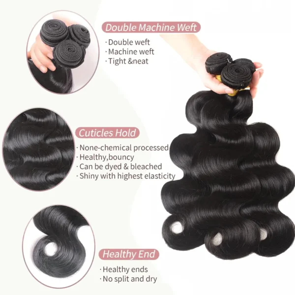 Body Wave 3 Bundles with Frontal Human Hair Natural Black Color 3 Bundles with 13x4 HD Lace Frontal Brazilian Virgin Human Hair - Image 2