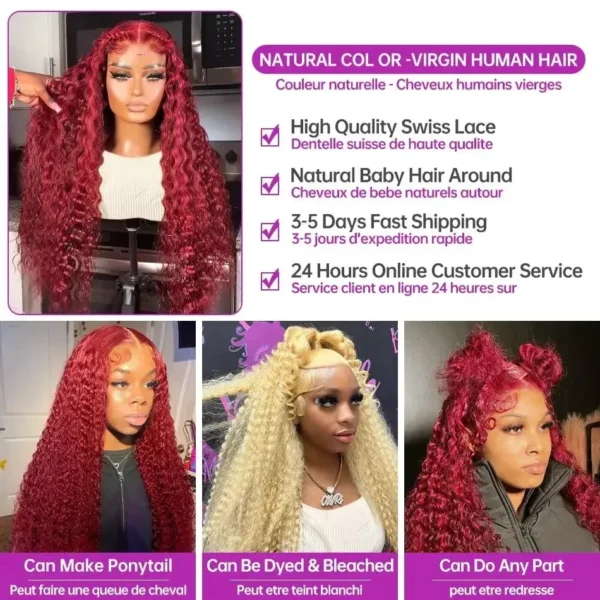 99J Burgundy Deep Wave 13x4 13x6 Hd Lace Frontal Wigs 360 Full Lace Front Wig Human Hair Curly Wigs Pre Plucked Brazilian Hair - Image 5
