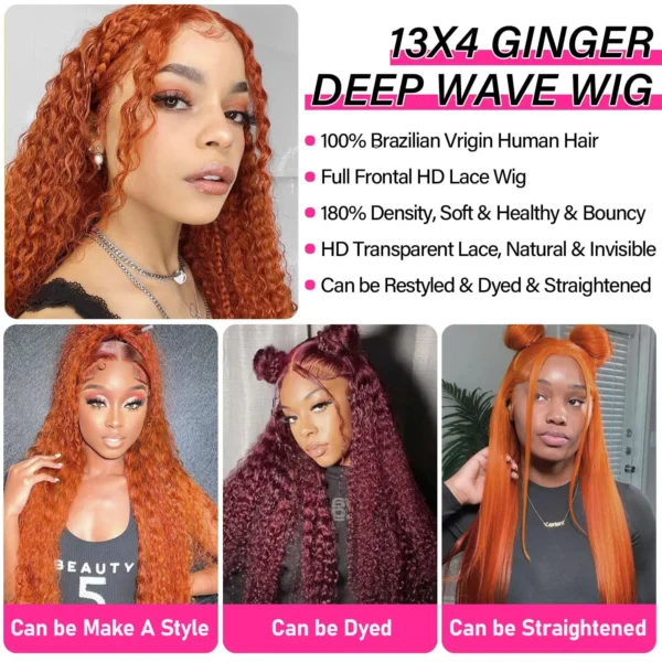 30 inch Ginger Human Hair Wig Deep Wave 13x4 13x6 Hd Lace Frontal Wig 180% Density Orange Ginger Curly Lace Front Wigs For Women - Image 4