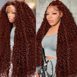200% Density Reddish Brown Water Wave Lace Front Wig Copper Red HD 13x6 Full Lace Frontal Human Hair Wigs Red Color For Women