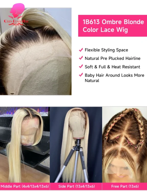 13x6 Lace Frontal Wig 1B 613 Ombre Blonde Full Lace Human Hair Wig Dark Roots Pre Plucked  Lace Front Human Hair Wigs for Women - Image 6