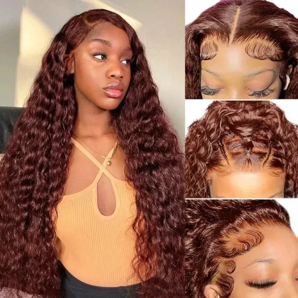 200% Density Reddish Brown Water Wave Lace Front Wig Copper Red HD 13x6 Full Lace Frontal Human Hair Wigs Red Color For Women - Image 3