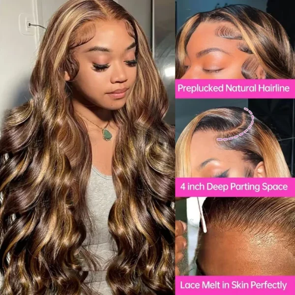 P4/27 Highlight Ombre Brown Body Wave 13x6 Human Hair Wig Honey Blonde Colored 13x4 HD Lace PrePlucked 40 50 Inch Wigs For Women - Image 2