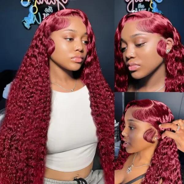 46 long inches 13x6 HD Front Wigs Transparent Lace wigs 200 Density 99j Burgundy deep wave human hair in Brazilian human hair - Image 4