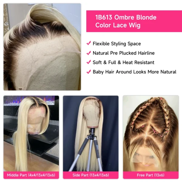 13x6 Lace Frontal Wig 1B 613 Ombre Blonde Full Lace Human Hair Wig Dark Roots Pre Plucked  Lace Front Human Hair Wigs for Women - Image 13