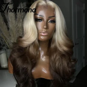Ombre Colored Lace Front Wig Synthetic Brown Wig Blonde 613 Roots With Black Ends Body Wave Transparent Lace Frontal Wig Cosplay