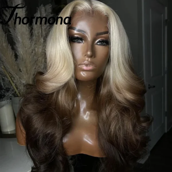 Ombre Colored Lace Front Wig Synthetic Brown Wig Blonde 613 Roots With Black Ends Body Wave Transparent Lace Frontal Wig Cosplay