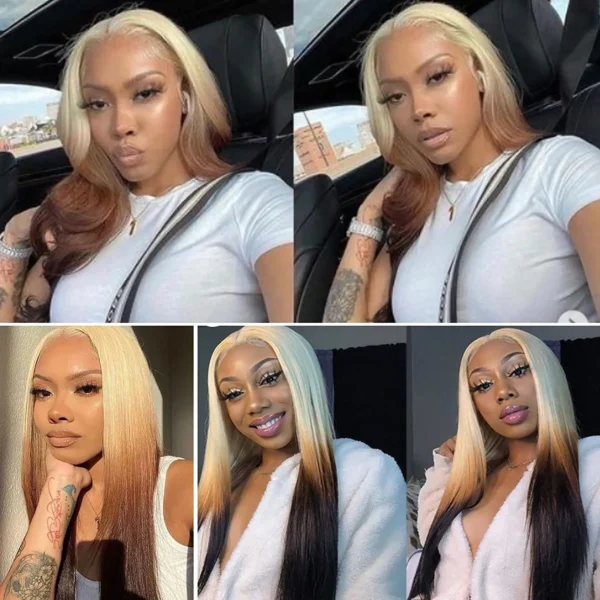 Ombre Colored Lace Front Wig Synthetic Brown Wig Blonde 613 Roots With Black Ends Body Wave Transparent Lace Frontal Wig Cosplay - Image 2