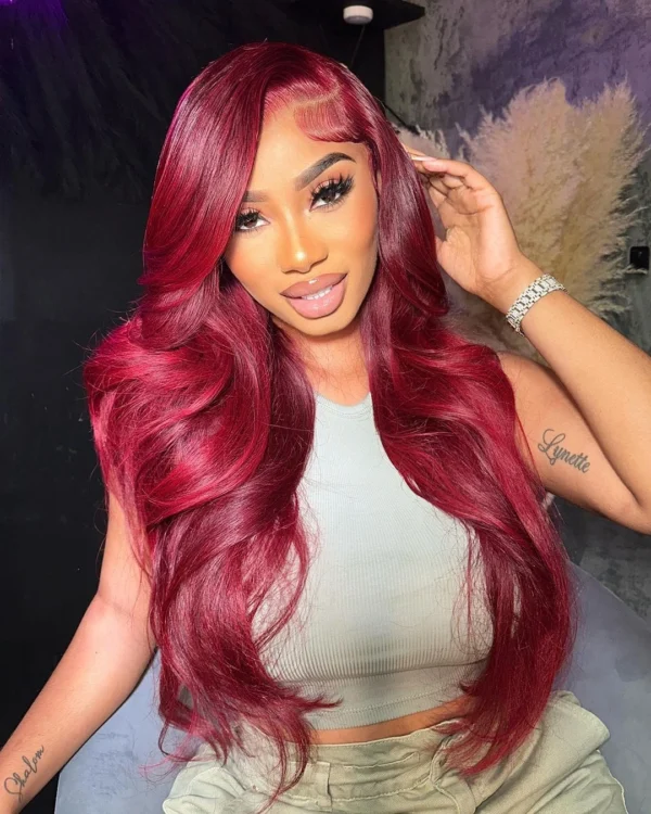 99j Burgundy Body Wave Human Hair 13x6 Hd Transparent Lace Front Wig 13x4 Curly Colored 30 40 Inch Brazilian Hair For Women - Image 7
