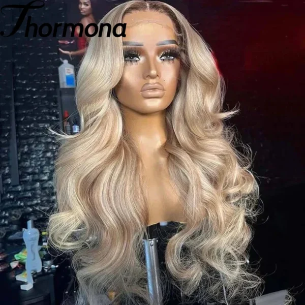 Ombre Colored Lace Front Wig Synthetic Brown Wig Blonde 613 Roots With Black Ends Body Wave Transparent Lace Frontal Wig Cosplay - Image 8