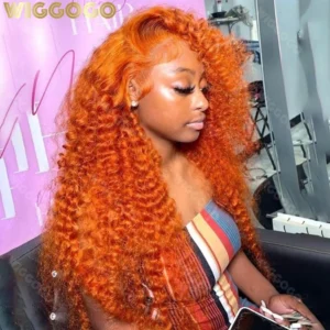 Wiggogo Orange Ginger Lace Front Wig Human Hair 30 Inch Curly Lace Front Human Hair Wig Deep Wave 13X4 13X6 Hd Lace Frontal Wigs