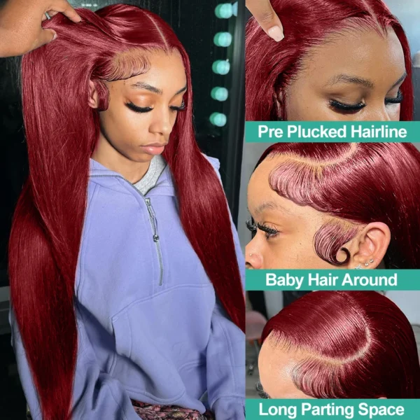 Gesstons 13x4 Lace Front Wigs For Women Pre Plucked Remy Straight Burgundy 99j Red 40 Inch 13x6 Hd Lace Frontal Human Hair Wig - Image 5