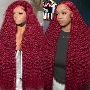 46 long inches 13x6 HD Front Wigs Transparent Lace wigs 200 Density 99j Burgundy deep wave human hair in Brazilian human hair