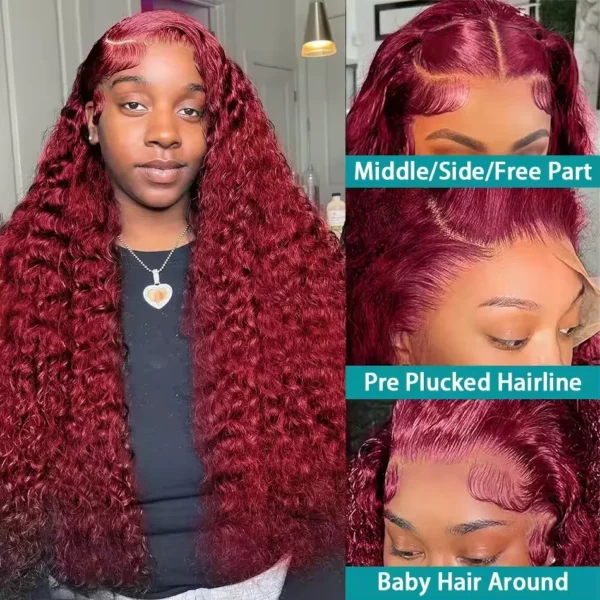 46 long inches 13x6 HD Front Wigs Transparent Lace wigs 200 Density 99j Burgundy deep wave human hair in Brazilian human hair - Image 3